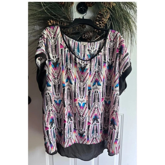 Womens 3X Pull Over Eyesdhadow Aztec Pink, Purple Black & Blue Hi-Low Sheer Top - Picture 2 of 13